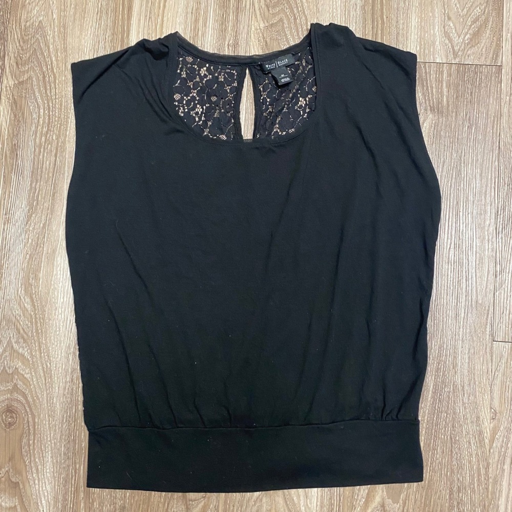 White House Black Market Black Lace Back Sleeveless Blouse Keyhole Top Medium